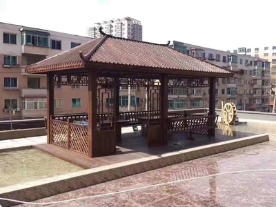 景觀別墅庭院木長(zhǎng)廊 古建筑徽派弧形長(zhǎng)廊帶雕刻彩繪牛腿